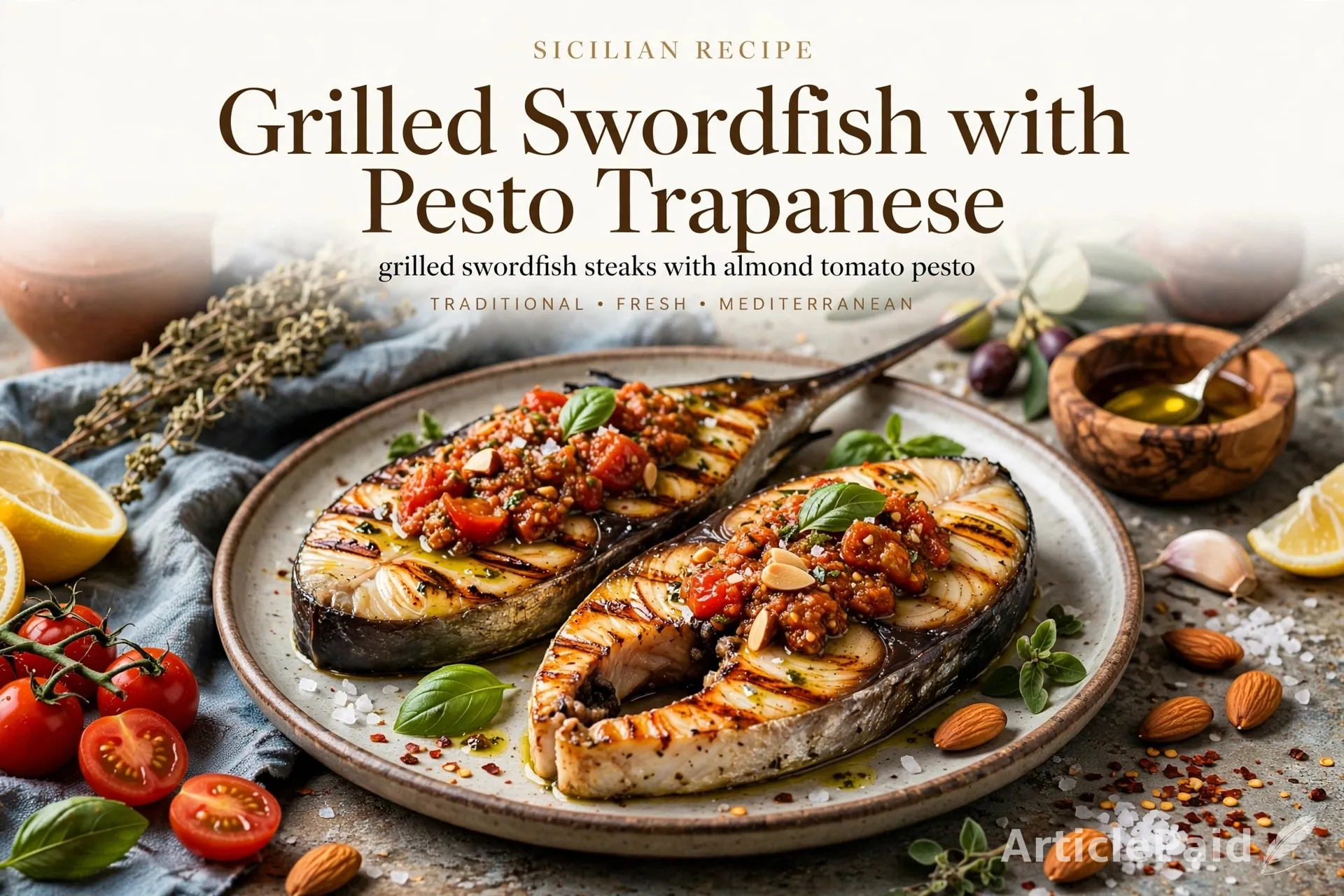 Grilled Swordfish with Pesto Trapanese: A Lively Sicilian Recipe  | ArticlePaid