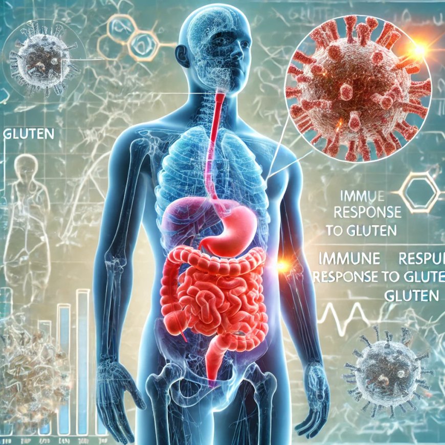 A scientific explanation of the human digestive system with emphasis on the small intestine. The image shows the areas where gluten reactions occur and explains harmless reactions at a cellular level.