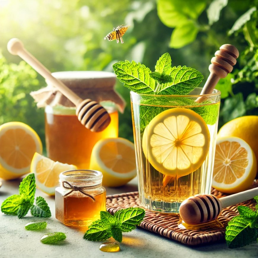 A glass of blistering honey lemon tea encompassed by beautiful lemon cuts,